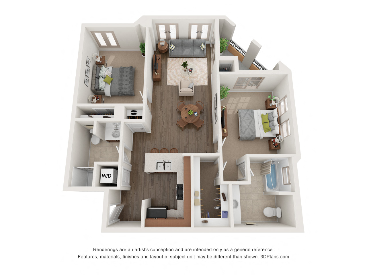 Floor plan for 2 beds, 2 baths, 1053 sqft